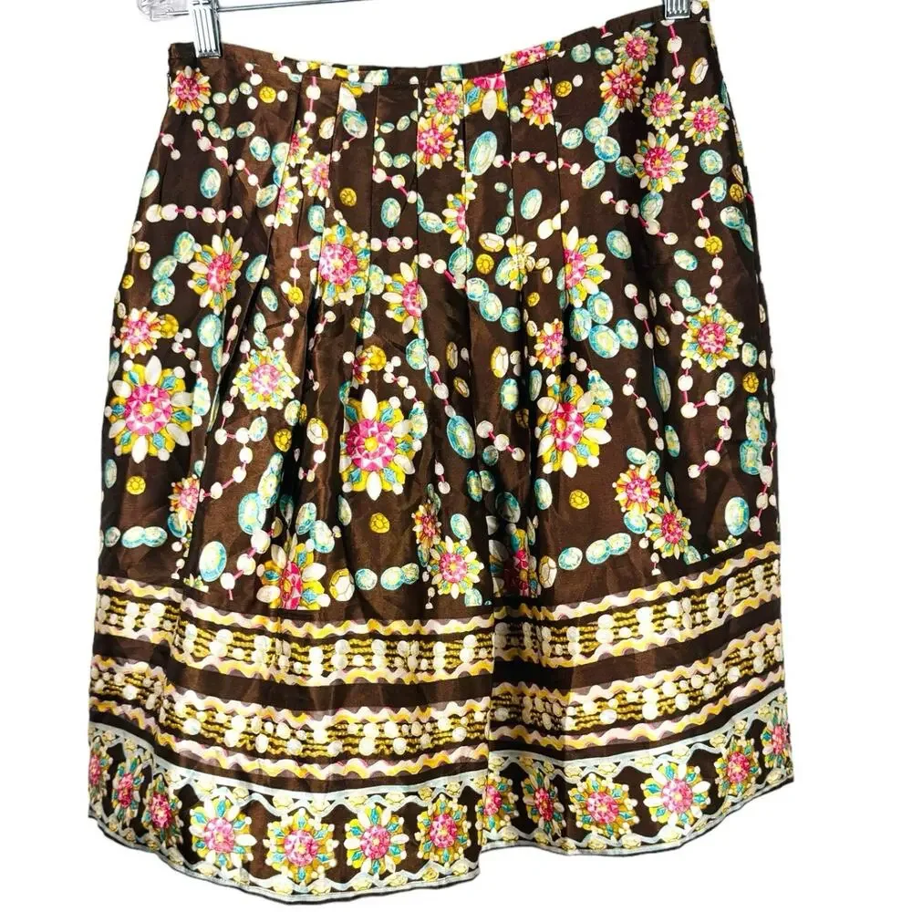 New York City Design Co Brown Gem Print Beaded Sequin Skirt 8 Petite Pleated